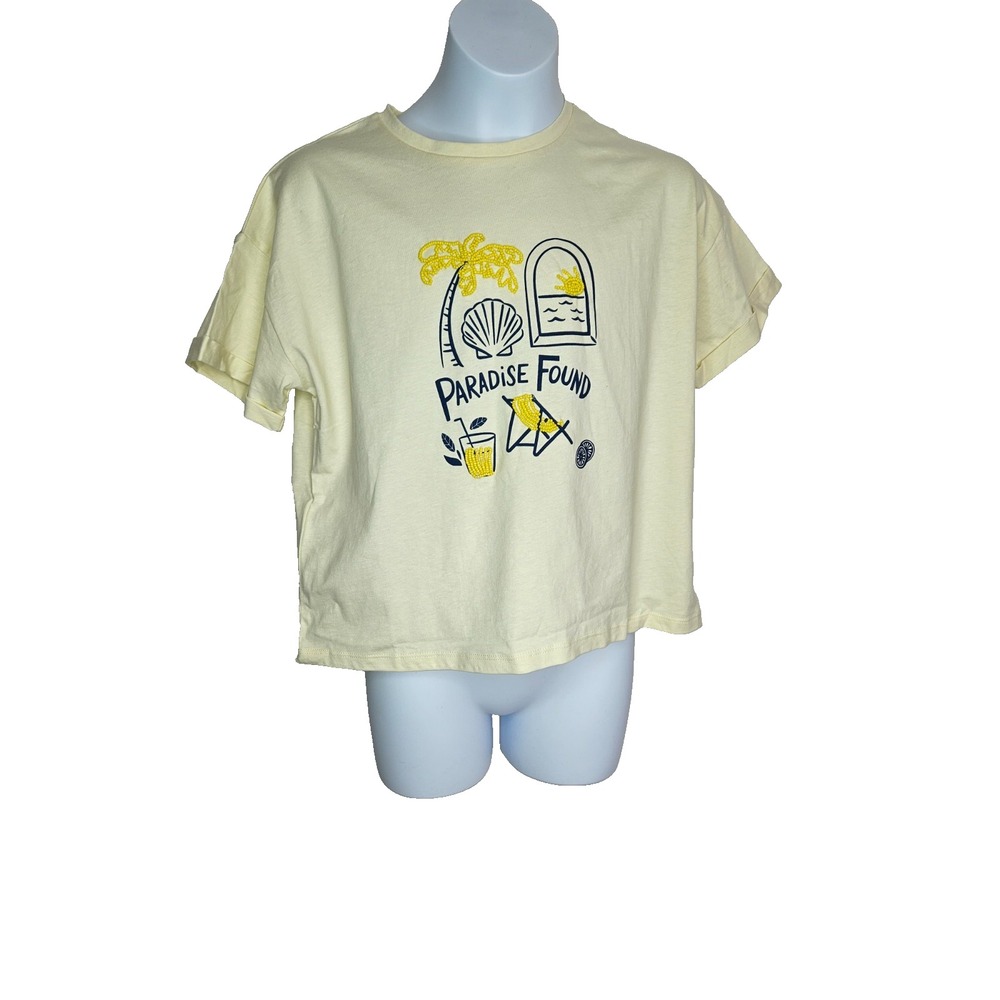 Mango Kids Girl Tee 11-12 Paradise Found Yellow Graphic‎ Shirt Summer Beach